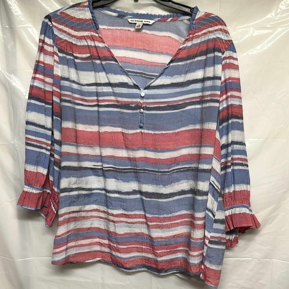 Zac & Rachel Red White Blue Stripe Tunic Blouse Bell Sleeve XL